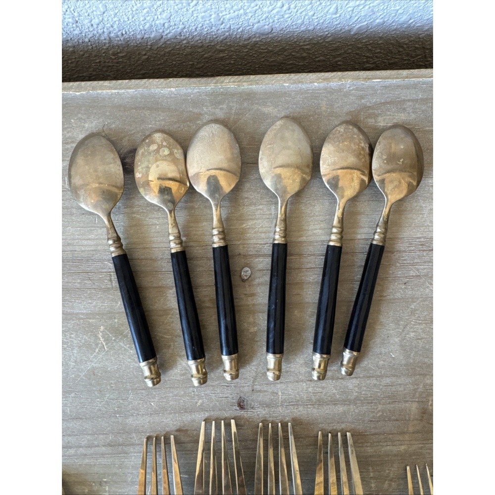 Vintage Brass & Black Bakelite Set Flatware Silverware 32 Piece Set - Picture 11 of 13
